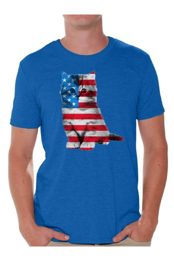Cat Shirts Mens USA Flag Patriotic Graphic Tshirt Tops 4th of July Gifts Cute Kitten American Flag T Shirt for Men Independence Day Stars and Stripes Shirts Cat Lover Shirts