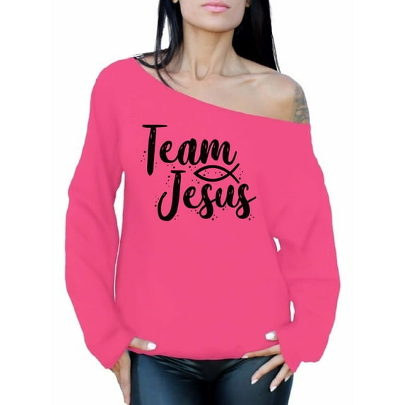 Awkward Styles Christian Oversized Sweater Jesus Ladies Off Shoulder Sweater Team Jesus Clothing for Women Jesus Oversized Sweatshirt Christ Clothes Black Off The Shoulder Sweatshirt for Women