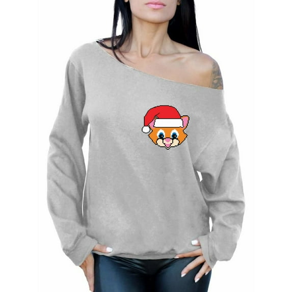 Awkward Styles Christmas Cat Santa Pocket Off Shoulder Sweatshirt for Women Funny Xmas Gifts for Her Santa Cat Christmas Sweater Cute Xmas Gifts for Cat Lovers Christmas Patch Baggy Sweatshirt