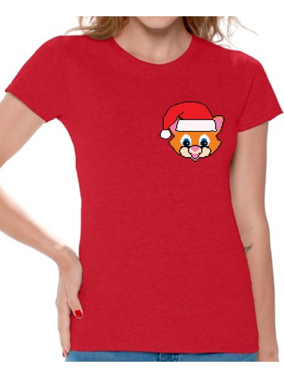 Christmas Cat Santa Pocket Tshirt for Women Santa Cat Christmas T Shirt Christmas Pocket Shirts for Women Funny Xmas Gifts Holiday T Shirt Santa Cat Shirt Gifts for Cat Lovers