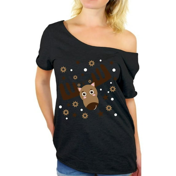 Awkward Styles Christmas Deer Off Shoulder Shirt Xmas Reindeer Oversized Shirts for Women Funny Christmas Gifts Reindeer Christmas T Shirt Women's Xmas Top Christmas Deer Flowy Top