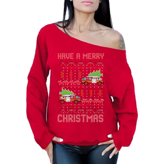 Awkward Styles Christmas Fire Truck Off Shoulder Sweatshirt Firefighter Oversized Sweater for Christmas Funny Xmas Gifts for Women Superhero Fire Fighter Sweater Off Shoulder Fire Truck Xmas Outfit
