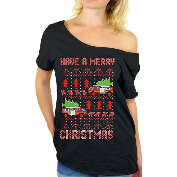 Awkward Styles Christmas Fire Truck Off Shoulder Shirt Xmas Firefighter Oversized Tshirt for Women Funny Christmas Gifts Fire Truck Pulled By Reindeer Christmas T Shirt Funny Christmas Tops