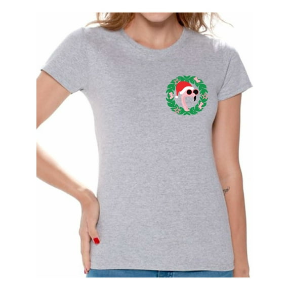 Awkward Styles Christmas Flamingo Pocket Tshirt Flamingo Christmas Shirt Flamingo Christmas T Shirt for Women Funny Christmas Gifts for Her Xmas Pocket Shirts Holiday Party Outfit Xmas Tshirt