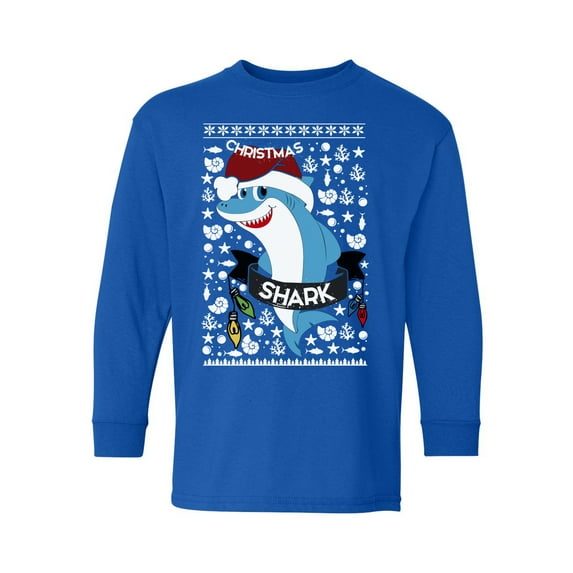 Awkward Styles Christmas Long Sleeve Shirt for Kids Youth Boys Girls Blue Xmas Shark Shirt