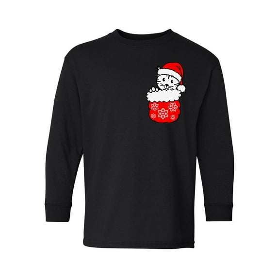 Awkward Styles Christmas Long Sleeve Shirt for Kids Youth Boys Girls Little Xmas Cat Shirt Pocket Print