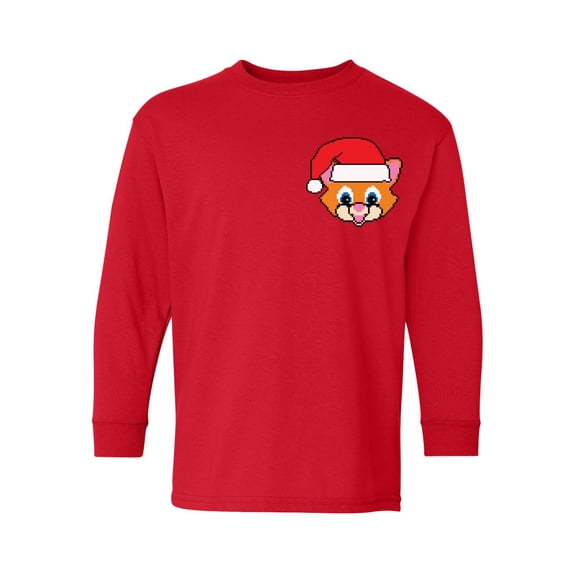 Awkward Styles Christmas Long Sleeve Shirt for Kids Youth Boys Girls Xmas Santa Cat Shirt Pocket Print