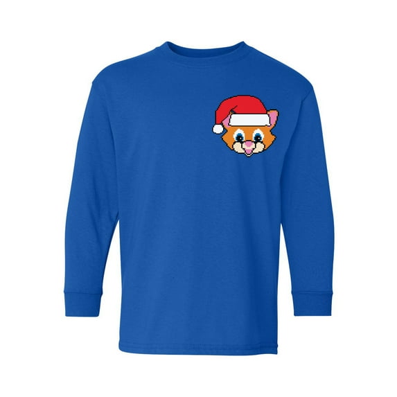 Awkward Styles Christmas Long Sleeve Shirt for Kids Youth Boys Girls Xmas Santa Cat Shirt Pocket Print