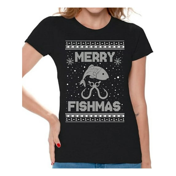 Awkward Styles Christmas Shirts for Women Xmas Christmas Merry Fishmas T-Shirt