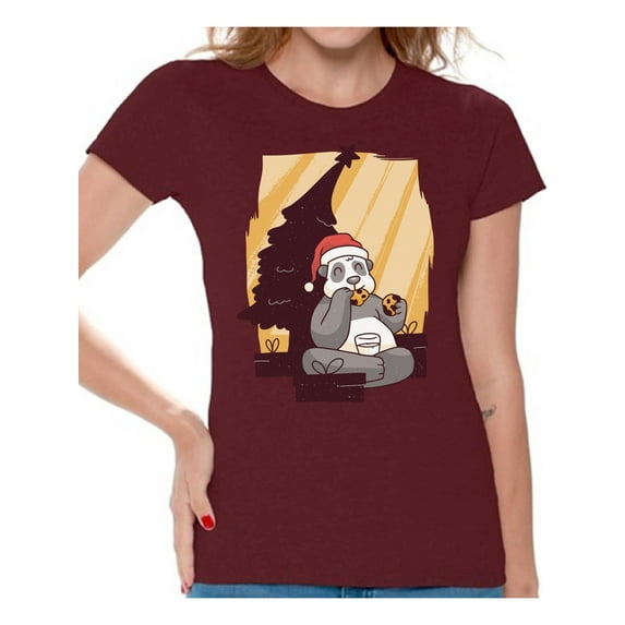 Awkward Styles Christmas Shirts for Women Xmas Panda with Cookies T-Shirt