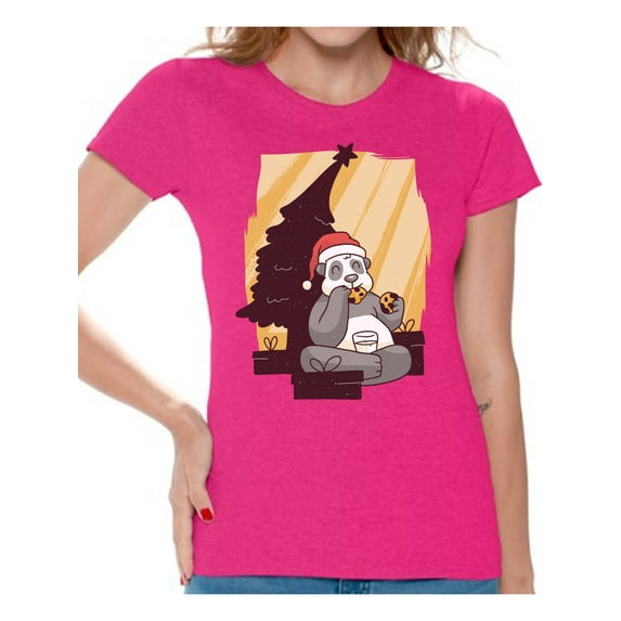 Awkward Styles Christmas Shirts for Women Xmas Panda with Cookies T-Shirt