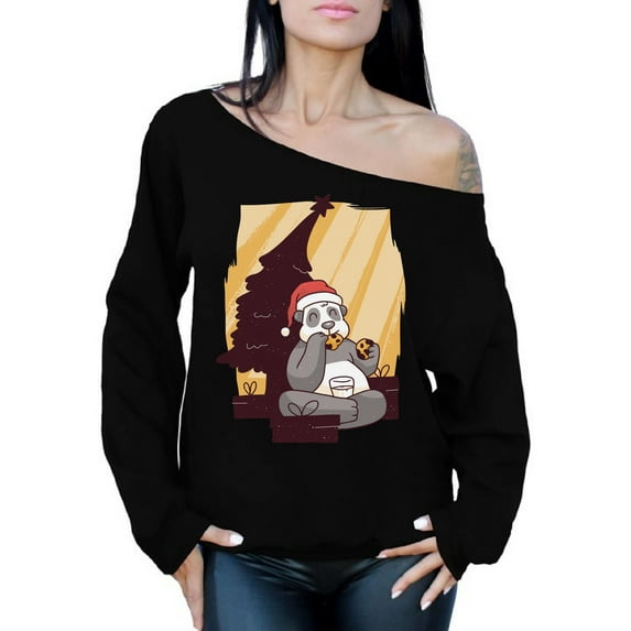 Awkward Styles Christmas Sweatshirt Off Shoulder Xmas Panda with Cookies Sweater