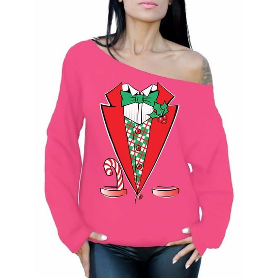 Awkward Styles Christmas Tuxedo Costume Off the Shoulder Sweatshirt Sweater Christmas Costume Christmas Sweater for Women Xmas Gifts Slouchy Oversized Sweatshirt Christmas Off the Shoulder Top