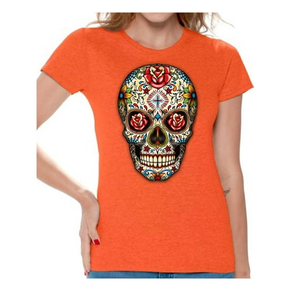 Awkward Styles Colorful Skull t-shirt top womens skull shirts day of the dead t shirt costume dia de Los Muertos costume t shirt candy skull sugar skull costume t shirt skull for women Mexican Mexico