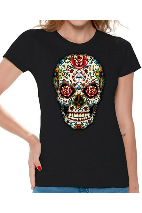 Colorful Skull t-shirt top womens skull shirts day of the dead t shirt costume dia de Los Muertos costume t shirt candy skull sugar skull costume t shirt skull for women Mexican Mexico