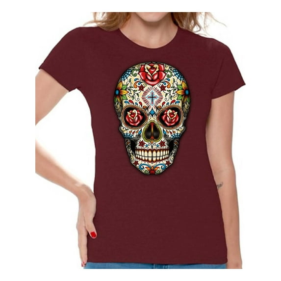Awkward Styles Colorful Skull t-shirt top womens skull shirts day of the dead t shirt costume dia de Los Muertos costume t shirt candy skull sugar skull costume t shirt skull for women Mexican Mexico
