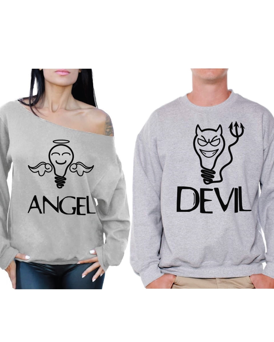 Awkward Styles Couple Sweatshirts Angel and Devil Funny Matching Couple  Sweaters Angel Off the Shoulder Sweatshirt for Women Devil Sweater for Men  Valentines Day Boyfriend Gifts Girlfriend Gifts 