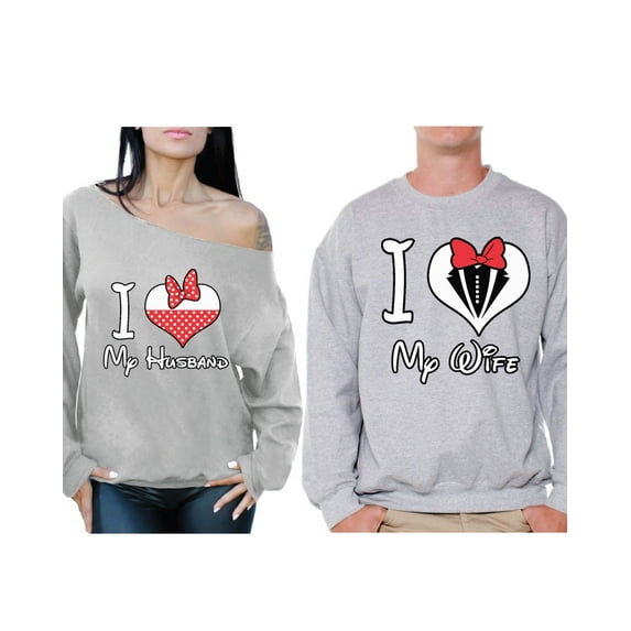 Awkward Styles Couple Sweatshirts for Husband and Wife I Love My Husband I Love My Wife Sweaters for Couples Best Husband Sweater Best Wife Off the Shoulder Sweatshirt Valentines Day Anniversary Gift