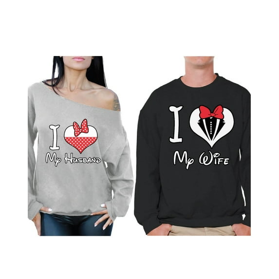 Awkward Styles Couple Sweatshirts for Husband and Wife I Love My Husband I Love My Wife Sweaters for Couples Best Husband Sweater Best Wife Off the Shoulder Sweatshirt Valentines Day Anniversary Gift