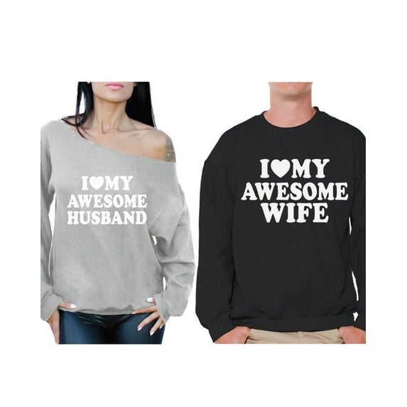 Awkward Styles Couple Sweatshirts Husband Wife Matching Couple Sweaters Valentine's Day I Love My Awesome Husband Off Shoulder Sweatshirt I Love My Awesome Wife Sweater Cute Anniversary Couples Gift