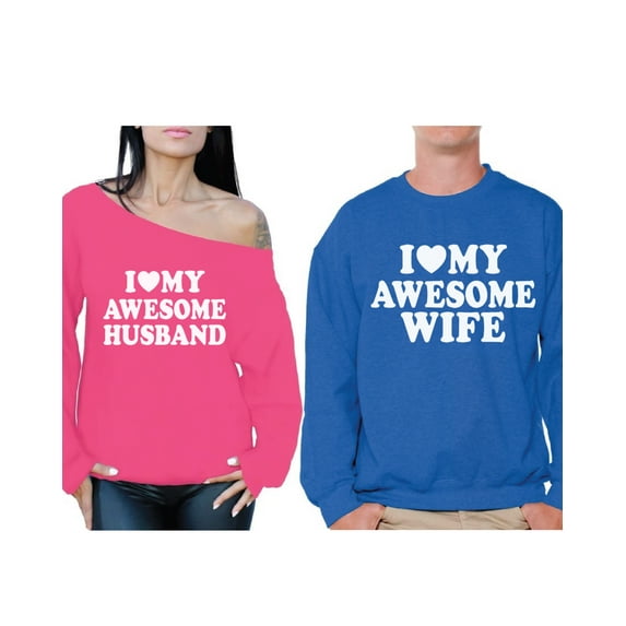Awkward Styles Couple Sweatshirts Husband Wife Matching Couple Sweaters Valentine's Day I Love My Awesome Husband Off Shoulder Sweatshirt I Love My Awesome Wife Sweater Cute Anniversary Couples Gift