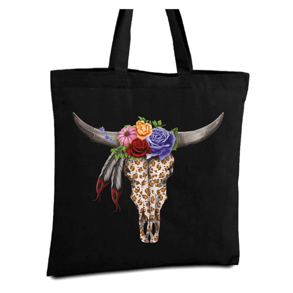 Awkward Styles Cow Skull Canvas Tote Bag Bull Skull Flowers Shopper Sugar Skull Reusable Grocery Bag for Day of the Dead Dia de los Muertos Gifts Cute Dreamcatcher Skull Bag Floral Bull Skull Tote Bag