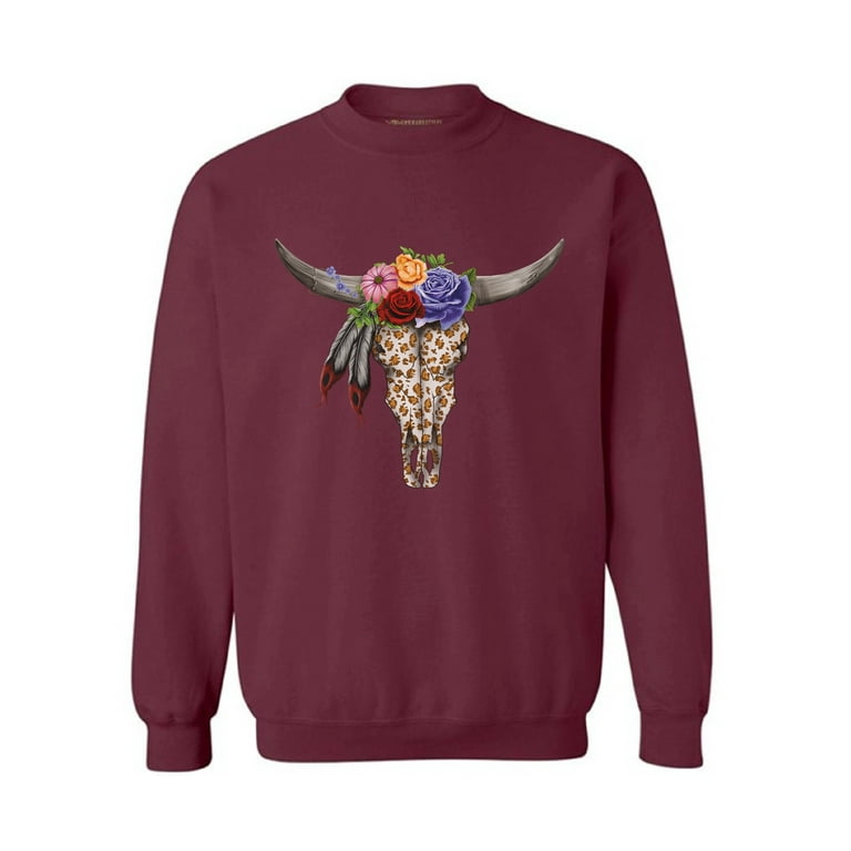 Awkward Styles Cow Skull Flowers Sweatshirt Cow Sugar Skull Sweater for Women Floral Skull Jumper for Men Skull Clothing for Dia de los Muertos Skull Cow Sweatshirt Day of the Dead Outfit