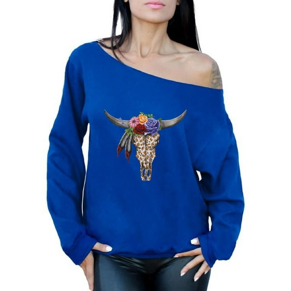 Awkward Styles Cow Skull Off Shoulder Sweatshirt for Women Floral Cow Skull Oversized Sweater Sugar Skull Sweatshirt Dia de los Muertos Gifts for Her Day of the Dead Sweatshirt Off The Shoulder