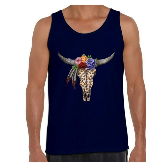 Awkward Styles Cow Skull Tank Top for Men Floral Cow Skull Tank Bull Skull Flowers Muscle Shirt for Men Dia de los Muertos Outfit Day of the Dead Gifts for Him Bull Skull Tank Sugar Skull Men's Shirt