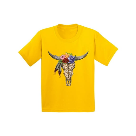Awkward Styles Cow Skull Tshirt for Kids Floral Cow Skull T Shirt Sugar Skull Youth Shirt Day of the Dead Outfit Dia de los Muertos Gifts for Kids Floral Bull Skull Tshirt Bull Skull Flowers Shirt