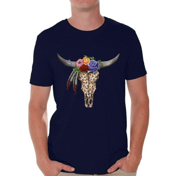 Awkward Styles Cow Skull Tshirt for Men Floral Cow Skull T Shirt Sugar Skull Shirts for Men Day of the Dead Outfit Dia de los Muertos Gifts for Him Floral Bull Skull Tshirt Bull Skull Flowers Shirt