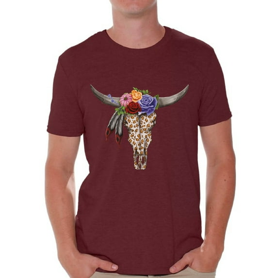Awkward Styles Cow Skull Tshirt for Men Floral Cow Skull T Shirt Sugar Skull Shirts for Men Day of the Dead Outfit Dia de los Muertos Gifts for Him Floral Bull Skull Tshirt Bull Skull Flowers Shirt