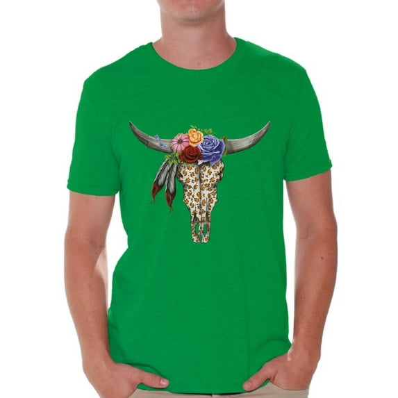 Awkward Styles Cow Skull Tshirt for Men Floral Cow Skull T Shirt Sugar Skull Shirts for Men Day of the Dead Outfit Dia de los Muertos Gifts for Him Floral Bull Skull Tshirt Bull Skull Flowers Shirt