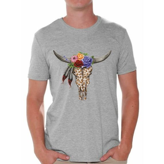 Awkward Styles Cow Skull Tshirt for Men Floral Cow Skull T Shirt Sugar Skull Shirts for Men Day of the Dead Outfit Dia de los Muertos Gifts for Him Floral Bull Skull Tshirt Bull Skull Flowers Shirt
