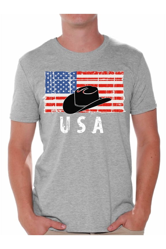 Cowboy Hat USA Men Shirt I'm American USA Flag T shirt for Men 4th of July Gifts Texas Men Tshirt Gifts for Men Cowboy Hat T-shirt for Men Independence Day