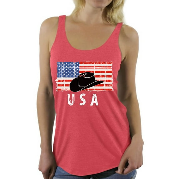 Awkward Styles Cowboy Hat USA Women Racerback Tank Top USA Pride Retro USA Women Shirt 4th of July Gifts Pro America Tank for Women Gifts for Women American Flag Women Top