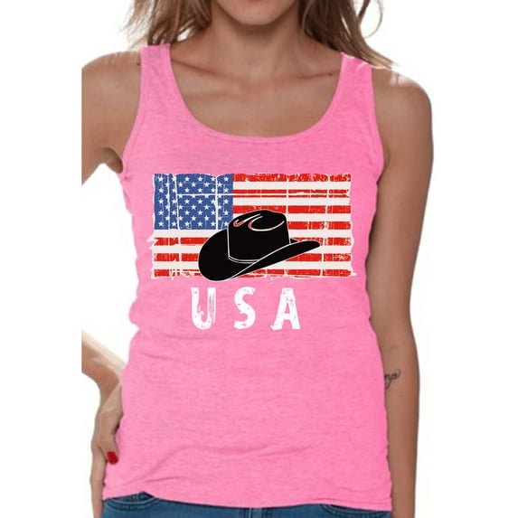 Awkward Styles Cowboy Hat USA Women Tank Top 4th of July Party USA Patriotic Women Shirt Love USA Retro USA Tank for Women Proud American 4th of July Women Top I'm American