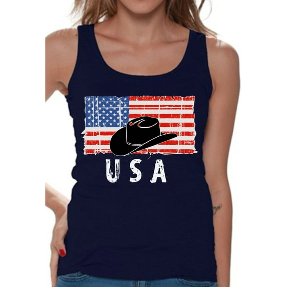 Awkward Styles Cowboy Hat USA Women Tank Top 4th of July Party USA Patriotic Women Shirt Love USA Retro USA Tank for Women Proud American 4th of July Women Top I'm American