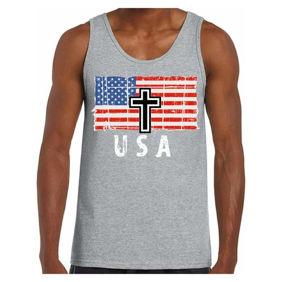 Awkward Styles Cross USA Men Tank Top 4th of July Gifts USA Men Shirt Proud American USA Patriotic Tank for Men Independence Day 4th of July Men Top One Nation Pro America T shirt for Men