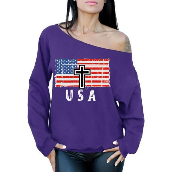Awkward Styles Cross USA Off Shoulder Sweatshirt USA Patriotic Gifts 4th of July Women Sweater USA Pride USA Patriotic Sweatshirt for Women Made in the USA Pro America Women Sweater