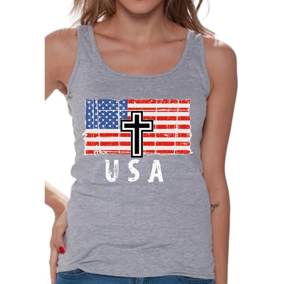 Awkward Styles Cross USA Women Tank Top Made in the USA Patriotic Shirt for Women 4th of July Party American Flag Women Tank Love USA Vintage USA Flag Top for Women Red White and Blue