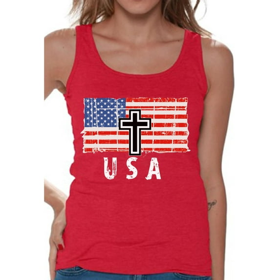 Awkward Styles Cross USA Women Tank Top Made in the USA Patriotic Shirt for Women 4th of July Party American Flag Women Tank Love USA Vintage USA Flag Top for Women Red White and Blue