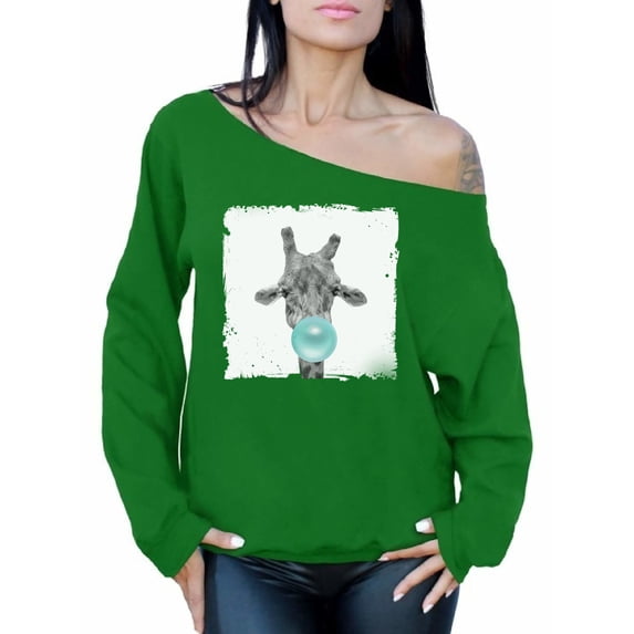 Awkward Styles Cute Giraffe Ladies Sweater Giraffe Lovers Cute Off The Shoulder Sweatshirt for Mom Gifts for Her Giraffe Crewneck Fancy Animal Clothing Collection Animal Lover Giraffe with Gum