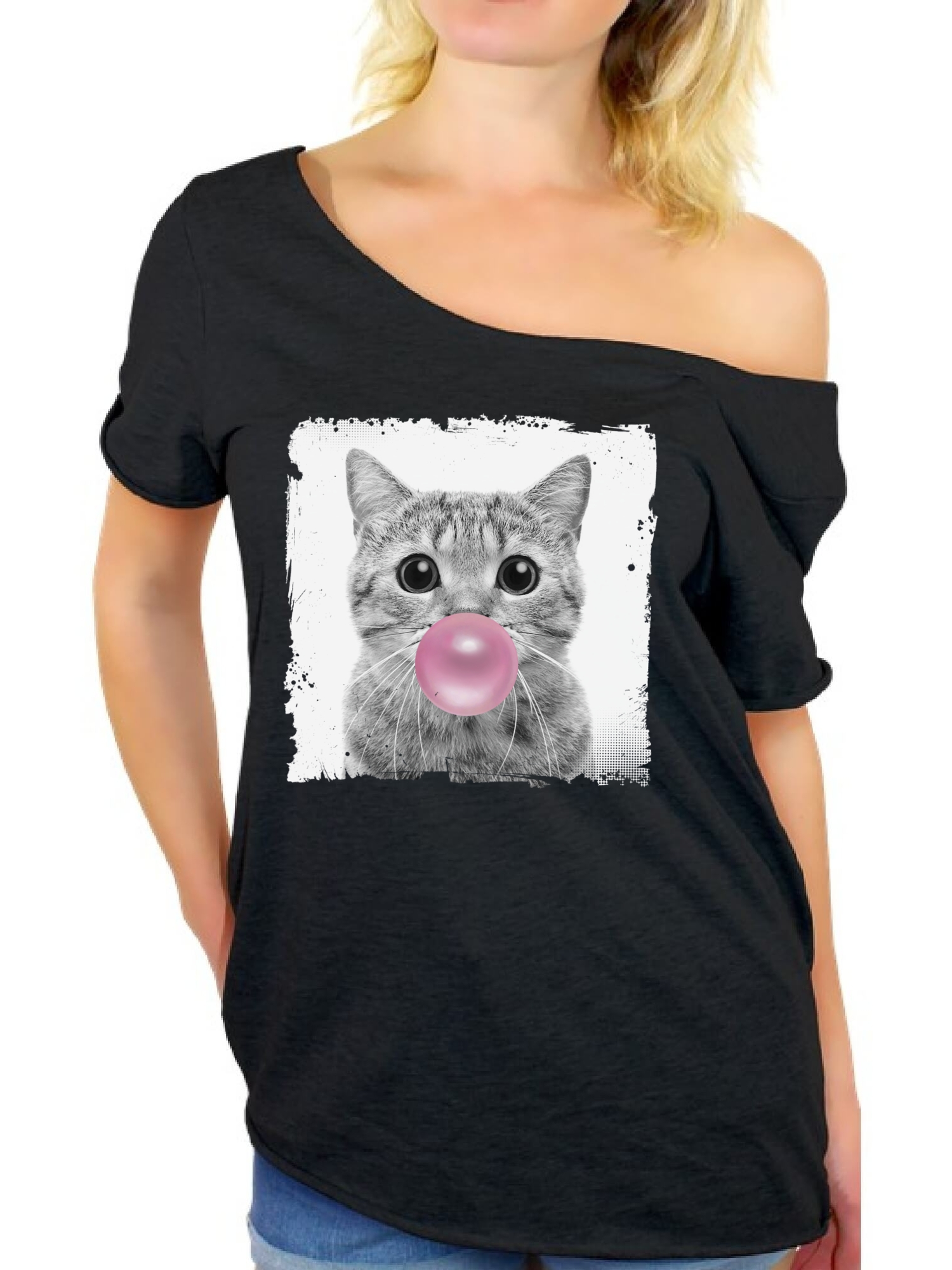 Awkward Styles Cute Ladies Off The Shoulder Shirt Women T Shirt Women Clothes Cat with Gum Off The Shoulder Shirt Animal T-Shirt for Woman Funny Animal Gifts Cat Clothing Cat T Shirt Cute Shirt - image 1 of 4