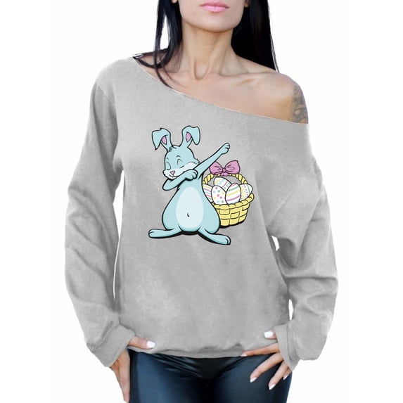 Awkward Styles Dabbing Easter Bunny Off Shoulder Sweatshirt for Women Cute Easter Bunny Sloucy Oversized Sweater Easter Gifts for Her Easter Egg Hunt Costume Easter Basket Stuffers for Women