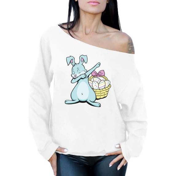 Awkward Styles Dabbing Easter Bunny Off Shoulder Sweatshirt for Women Cute Easter Bunny Sloucy Oversized Sweater Easter Gifts for Her Easter Egg Hunt Costume Easter Basket Stuffers for Women