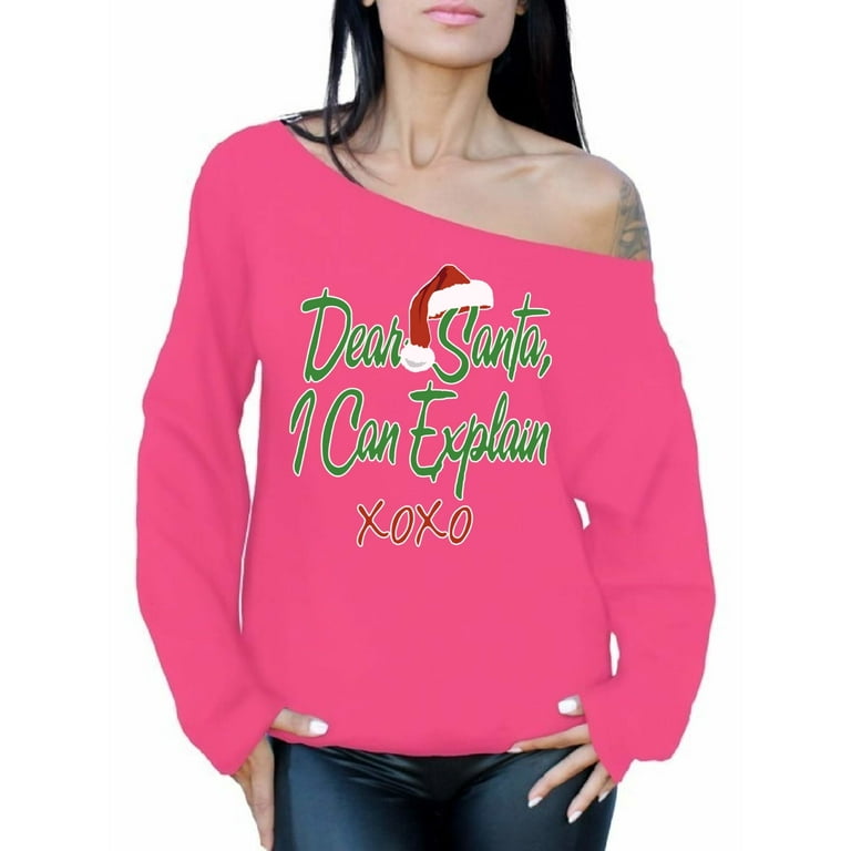 Awkward Styles Dear Santa I Can Explain XOXO Christmas Off the Shoulder Sweatshirt Sweater Santa Hat Off the Shoulder Top Slouchy Oversized Sweatshirt Santa XOXO Ugly Christmas Sweater for Women Walma...