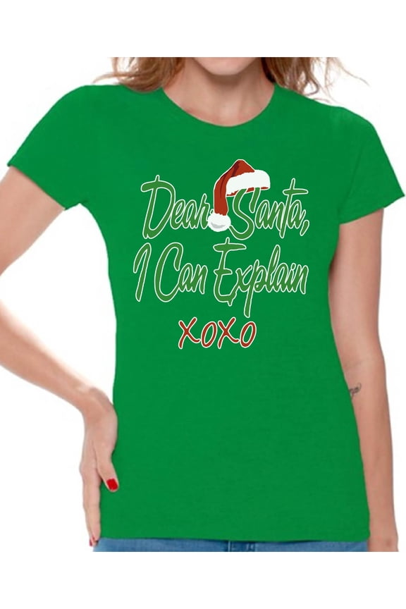 Dear Santa I Can Explain XOXO Christmas Shirt Santa Hat Women's Holiday Top Christmas Shirts for Women Xmas Gifts Santa Claus XOXO Women's Shirt Xmas Holiday Party Top