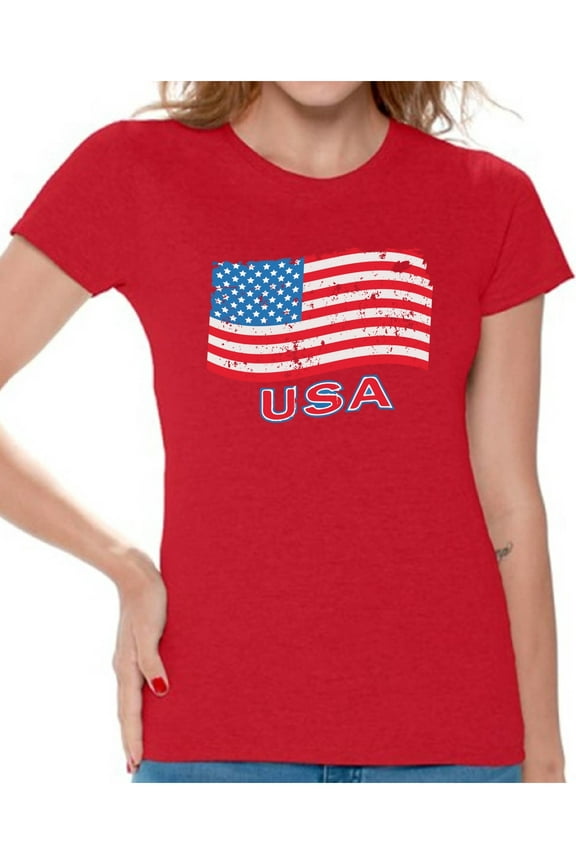 Distressed Flag USA Women Shirt Flag Gifts 4th of July T shirt for Women I'm American Patriotic Women Tshirt 4th of July Gifts 4th of July T-shirt for Women Proud American