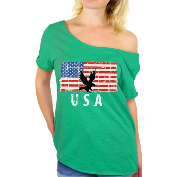 Awkward Styles Eagle USA Off Shoulder Shirt United States Pro America T shirt for Women USA Patriotic Gifts Eagle Women Off Shoulder Shirt Made in the USA USA Flag Tshirt for Women